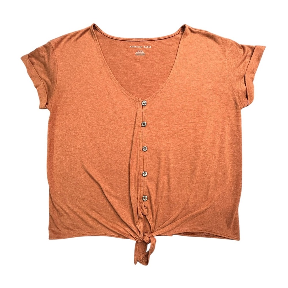 American Eagle Top Womens Size M Brown Waist Tie S/S Poly Linen Blend Stretch - Picture 7 of 8